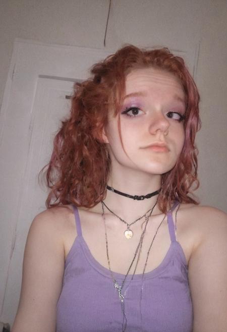 woman, egirl_pfp, makeup
<lora:egirl_pfp:1>, Molly, MJ, auburn hair, greyish violet tank top, violet spaghetti strap tank top, cleavage, polaroid photo, large boobs