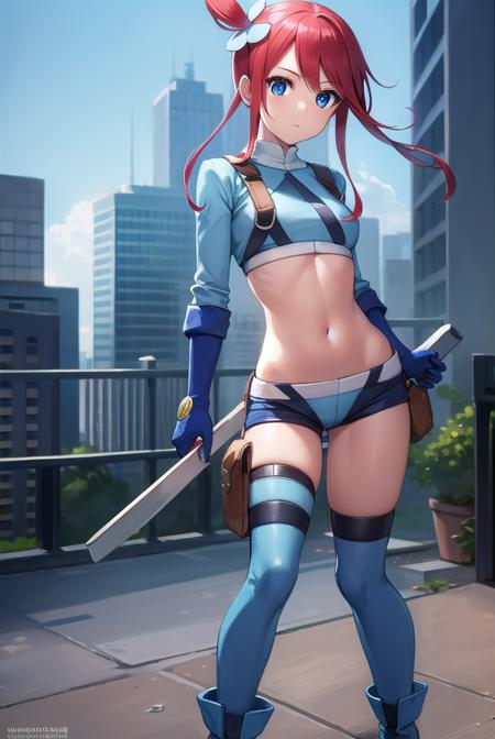 pokemonskyla, blue eyes, hair ornament, one side up, red hair, short hair with long locks, sidelocks, blue footwear, blue gloves, blue jacket, blue shorts, boots, crop top, cropped jacket, gloves, jacket, midriff, navel, short shorts, shorts, thigh pouch,