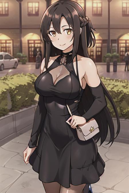 masterpiece, best quality, kirisuna, black hair, long hair, brown eyes, braid, french braid, crown braid, outdoor, day, black dress, high heels, large breasts, handbag, smile, bodycon dress, <lora:Kirisuna:0.7>