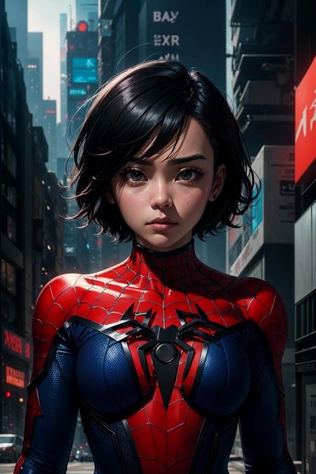 1girl, asian girl, peni parker, sad face, black spider man, Spiderman 2099, biomechanical arms, complex robot, cyberpunk aesthetic, medium Breasts, symmetrical hair cut, short hair, evangelion theme, apocalyptic background