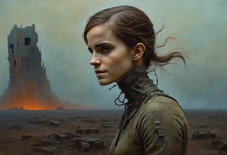 medium shot, portrait painting  , dystopian surrealism, aftermath of war ,nightmarish, facing camera, emma Watson woman,  dynamic pose,  in a "Zdzislaw beksinski" style painting <lora:EmmaWatsonFace2012-2017_resolution2048_v1.0:0.7>
