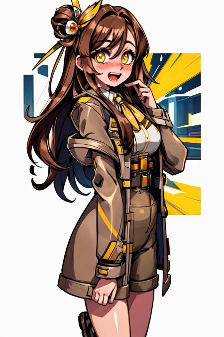 cowboy shot, standing, blush, smiling, (embarrassed:1.2), open mouth, looking at viewer, tia, long hair, brown hair, yellow eyes, jacket, shoes, brown shorts, hair ornament, grasslands background, pen in hair, <lora:TiaERLora-02:0.9>, <lyco:GoodHands-beta2:1>,  <lora:beautiful_detailed_eyes:0.8>