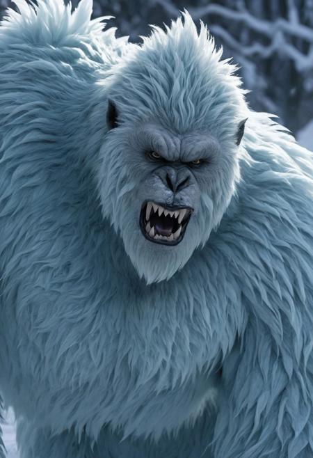 An young ice yeti who is scared but vicious, its super fluffy but has some cuts and scrapes, in hides in the corner growling