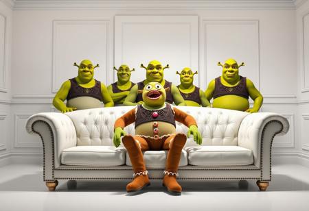 A vibrant, well-lit room entirely in white where five Shreks of different heights and widths stand behind a classic white sofa. On the sofa, a life-sized Gingerbread Man from the Shrek movies sits with a comically surprised expression, reminiscent of the 'white girl on couch' meme. The Shreks should be shirtless, standing in their iconic green skin, with some variation in their expressions for added humor. The Gingerbread Man should have detailed icing and candy decorations, emphasizing his surprise. The overall scene should capture the humor and surrealism of the original meme, with a focus on the stark contrast of the characters against the white backdrop.