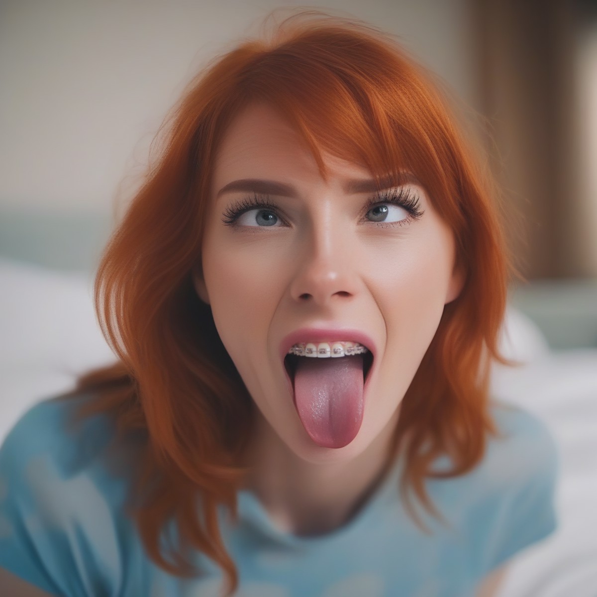 extreme closeup,a redhead woman portrait, frontal, looking at camera, tongue out, showing teeth, braces, luisap,  <lora:lo...