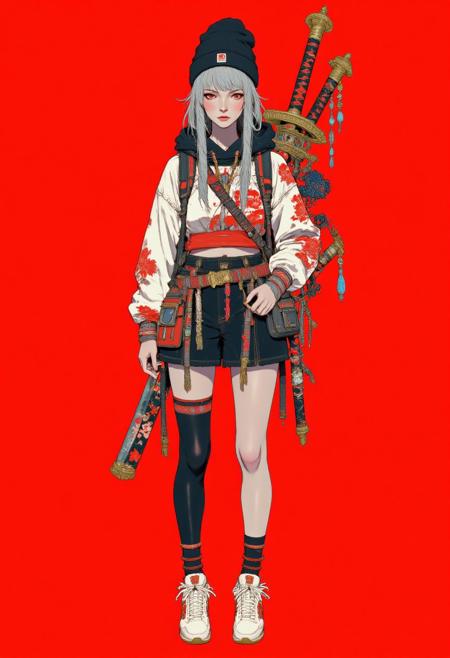 (Nix_TY) This is a highly detailed digital illustration featuring a young woman with a striking appearance. She has long, straight silver hair that cascades down her back, partially covered by a black beanie. Her eyes are a striking red, and she has fair skin. She is dressed in an eclectic mix of modern and traditional attire. She wears a black hoodie with a white and red kimono-style top underneath, adorned with intricate floral patterns. Her outfit also includes a black mini skirt and black leggings. Her footwear is equally unique, featuring white sneakers with red and black accents, and she has black socks with red designs. She carries a large, ornate sword with a sheath that has a mix of traditional and modern elements, including gold and bronze embellishments. The sword's handle is wrapped in black and red fabric, and it is attached to her back by a strap. She also has a variety of accessories, including a small pouch on her hip and a long, tassel-like ornament hanging from her belt. The background is a solid, vibrant red, which contrasts sharply with her attire and accessories, making her stand out prominently. The overall style is a blend of anime and cyberpunk aesthetics, with a focus on intricate details and bold colors.