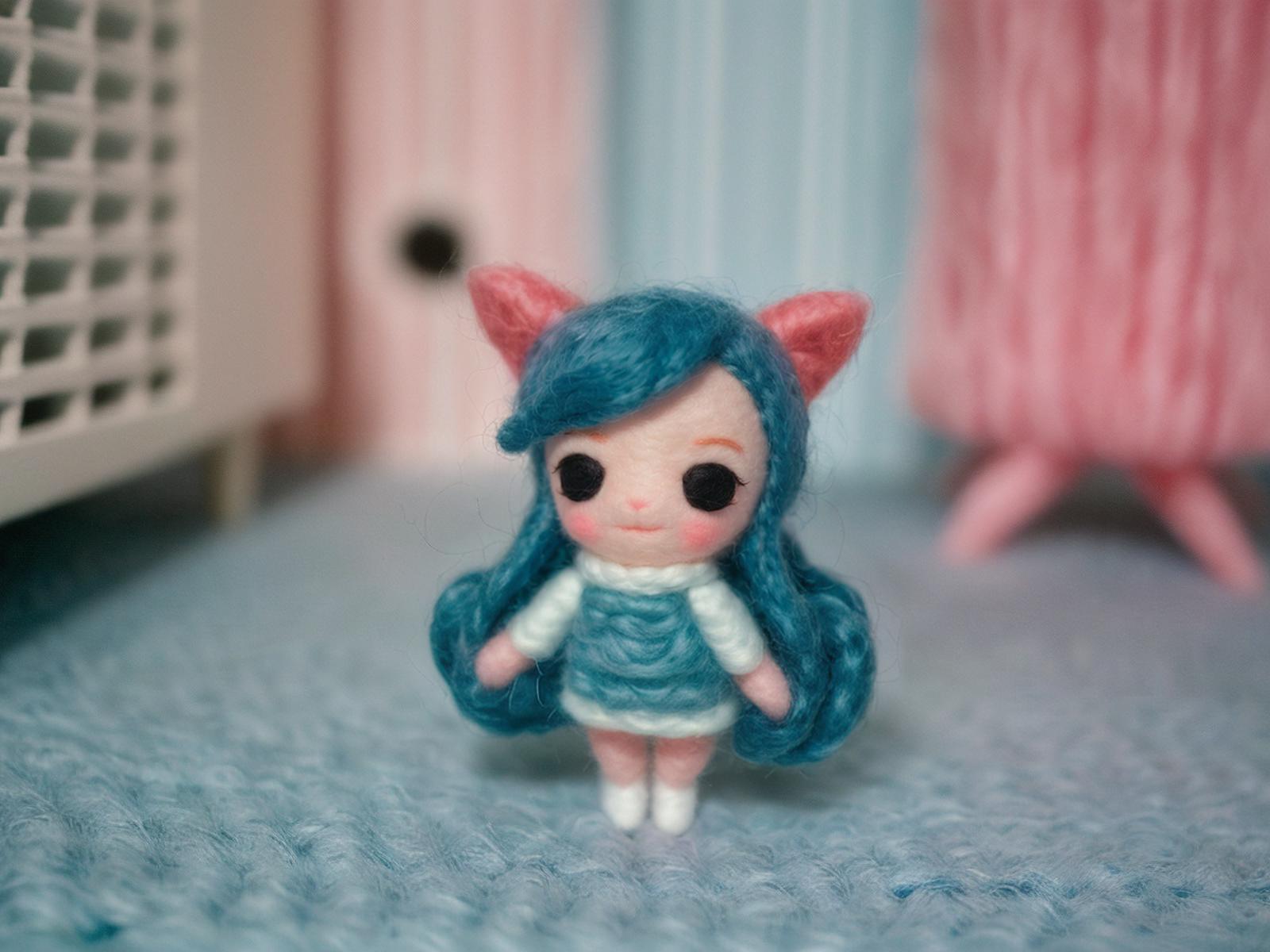 A small doll with blue hair, a white sweater, and a blue and white dress standing on a blue carpet.