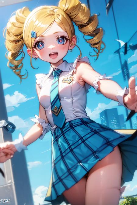 ppgzmyk, blue eyes, blonde hair, twin drills, :d, white shirt, neck tie, plaid skirt, blue skirt, standing, city  <lora:PPGZ-Miyako_Gotokuji:1>