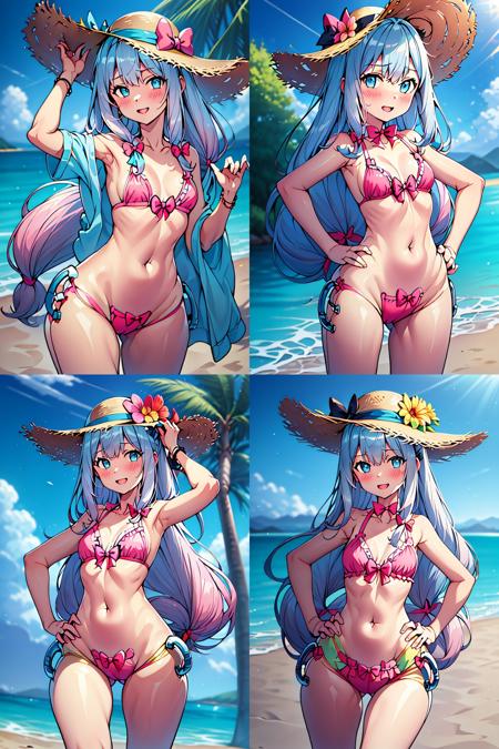 (handles on hips, hhips:1.1), <lora:handles3-000012:1.1>,best quality, (masterpiece:1.2), highly detailed, outdoors, day, sunrays, beach, sand, ocean, anime style,
1girl, solo,, sagiri, open mouth, smile, blush, standing, from front, looking at the viewer, small breasts, upper body,
grey hair, long hair, multicolored hair, blue eyes, pink bow, pink bikini, sun hat, hat flower, frilled bikini, collarbone, green jacket, open jacket <lora:chara_Eromanga-sensei_Sagiri_v1:0.4>