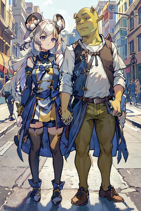 1boy and 1girl, holding hands, urban street,  standing side by side, next to one another, shoulder to shoulder
BREAK
1girl, mitsuhide, black and red mouse ears, hair ornaments, yellow thighhighs <lora:mitsu5:.7> 1girl, short girl, chibi
BREAK
1boy, shrex <lora:ShrekDoguVersion2:1>, tall male, fat, big stomach, green skin, brown pants, white shirt,, Realistic painting style, masterpiece, best quality, absurdres, pixiv, detailed face