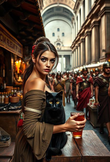 Setting is a 1st century Roman Empire market in Rome at night, the market is comprised of street vendors selling robot parts, food, weapons, and animals. Everyone and everything in the image is appropriate for a scene from Ancient Rome, People wearing Roman clothing are walking through the street market shopping and eating, A sleek black cat with red collar sits on a cluttered wooden table at a kiosk selling beverages and food, Behind the table is a merchant selling beverages and food, (((a beautiful woman, 24 years old is standing in the foreground, the woman  facing the viewer with a cup of alcohol beverage in her hand. Her eyes are beautiful and focused on the viewer, she has an expression of interested curiosity))), the sleek black cat with red collar is sitting on the table and watching the beautiful woman, Roman Soldiers are walking behind the beautiful woman, one of the solders turns to look at the beautiful woman with the cat, many people are walking by in the busy street market, the woman is dressed in high fashion Roman Empire clothing with an alluringly sexual, but traditional roman aesthetic. The woman's hair is elegantly tied up with a ribbon. Artistic ancient Roman aesthetic, dynamic perspective, (((overall architectural aesthetic is Ancient Rome in 1st Century Roman Empire era))).  Epic image that elicits a feeling of wonder and awe, part of the interior is visible,