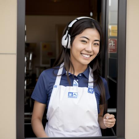 A brunette Japanese fast-food operator in the drive-thru window, long hair, smiling, wearing a blue shirt and white apron, close-up, headset<lora:Drive-Thru Window Operator:0.6>