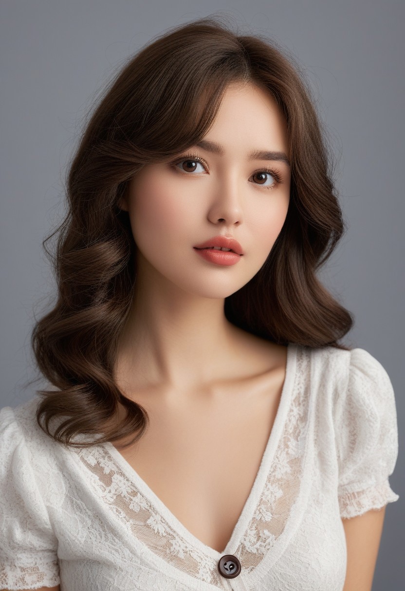 score_9, score_8_up, score_7, 1girl, solo,  (adult body:1.2),  8k, HD,  Imagine a woman, mid-30s maybe, with wavy brown hair that falls just past her shoulders. Her big doe eyes are glassy, the color dulled from disuse. She's got a cute button nose and full lips that hang slack most days. Her figure is petite yet curvy, especially her ample chest.her expression blank yet sad.