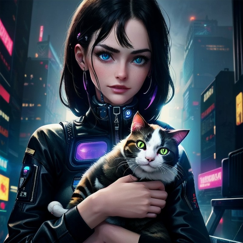 nighttime, midnight, cyberpunk city, close-up girl holding cat, perfection, beautiful, masterpiece