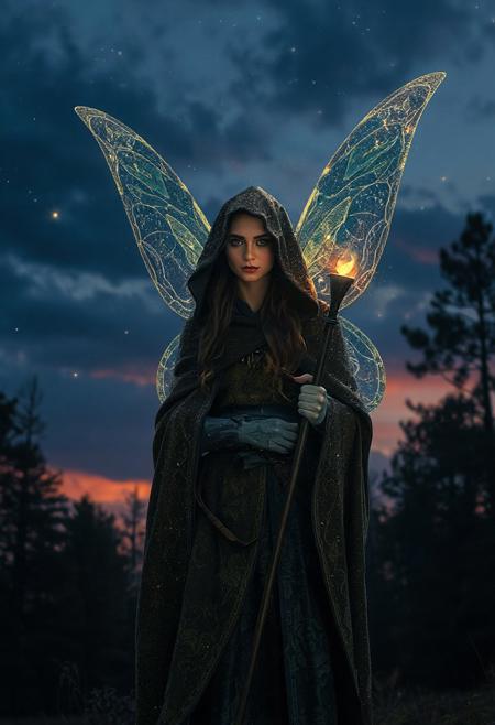A mystical fairystands alone beneath a twilight sky, cloaked in a robe that shimmers with stardust. Her eyes glow faintly like distant galaxies, and a serene, knowing smile plays on her lips. Ancient runes faintly pulse along his staff, and the wind seems to whisper secrets around him. The forest behind her is alive with quiet magic, and the air shimmers with otherworldly energy.