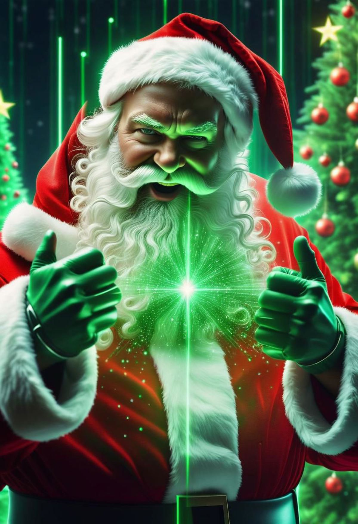 A digital artwork of Santa Claus with a green glowing light, throwing a thumbs up.