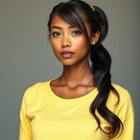 1girl, realistic, realistic photography, professional photography, photo from head to stomach, formal pose, facing the camera, head not out of frame, a 20 year old girl, light brown skin, height 165cm, chest circumference 73cm, lower chest circumference 63cm, round chest shape, stomach circumference 63cm, waist circumference 63cm, upper hip circumference 68cm, hip circumference 73cm, oval face, chin without slit, small ears, straight nose, bow shaped lips, almond shaped eyes, yellow eye color, thick straight eyebrows with a slight gentle curve, very long hair touching the hips, slightly wavy black slightly reddish hair, hair combed back, hair tied in a ponytail, only 1 ponytail, no front bangs, no side bangs, no bangs, yellow hair tie, wearing a long sleeved cotton t-shirt without buttons with an o neck collar, t-shirt covering up to the ankles, light yellow t-shirt, wearing light yellow stilettos, no make-up face, wearing a pair of gold earrings, wearing a gold necklace, not wearing a ring, not wearing a bracelet, no blush on the nose, no blush on the cheeks, no blush on the face, white wall background, professional photo studio lighting, accurate anatomy, detailed anatomy, realistic anatomy, detailed skin texture, realistic skin texture, detailed skin pores, realistic skin pores, detailed face, realistic face,
