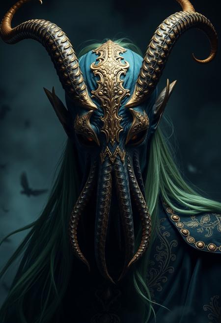 A menacing figure with a demonic squid mask adorned with intricate golden details and two large, twisted horns. The character has long, flowing green hair and wears dark, ornate robes decorated with gold embellishments. The eyes behind the mask glow with an eerie light, adding to the ominous presence. The background is shrouded in mist and darkness, enhancing the mysterious and foreboding atmosphere.
BREAK
((UHD:1.5)), ((high details:1.5)), ((best quality:1.6)), ((super detail:1.5)), ((award winning:1.4)), ((masterpiece:1.6)), ((ethereal glow:1.3)), ((retina:1.4))
BREAK
Art by Greg Rutkowski, Pascal Blanche, Martina Grimm, John William Waterhouse
BREAK
Close-up shot, eye-level shot, dramatic lighting, chiaroscuro, dark fantasy realism, photo, cinematic