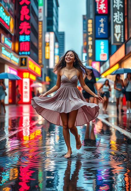 A joyful summer scene in the heart of a vibrant city just after a brief rainstorm. The wet streets shimmer with reflections of neon signage and traffic lights, casting colorful ripples across shallow puddles. A young woman, barefoot and laughing, dances freely in one of the puddles, her skirt twirling mid-spin. The atmosphere is electric with motion blur and dynamic light scattering, where each droplet kicked up catches ambient light like tiny prisms. The urban setting pulses with saturated colors and abstract light patterns, blending with crisp photojournalistic clarity. Passersby pause to watch her with amusement, some caught mid-laughter, while blurred umbrellas dot the background. The mood is celebratory and spontaneous, framed through a cinematic lens with a focus on kinetic energy and emotion. Contrast between vivid reflective surfaces and soft shadows adds depth to the urban scene. Shot from a low, wide-angle perspective to emphasize both the dancer’s movement and the surrounding reflections, capturing a fleeting, magical moment of joy.