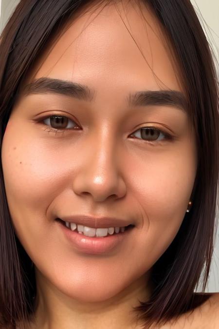 1Girl , Hyper Realistic portrait, 30yo, beautiful face, high cheek bone, puffy face, smile , dark bob straight hair, bare shoulder , tan skin , photorealistic , volumetric lighting