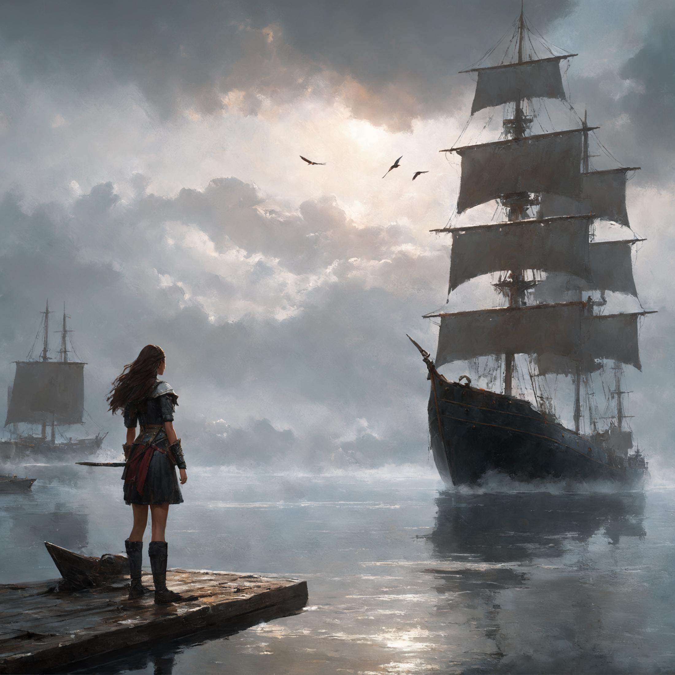 A woman standing on a dock in front of a sailing ship.