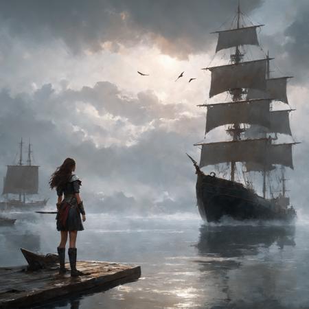 masterpiece, best quality, greg rutkowski, 

scenery, water, standing, fog, from behind, solo, outdoors, watercraft, long hair, cloud, cloudy sky, 1girl, weapon, wide shot, sky, ship, bird

, very detailed, high resolution, sharp, sharp image, 4k, 8k,