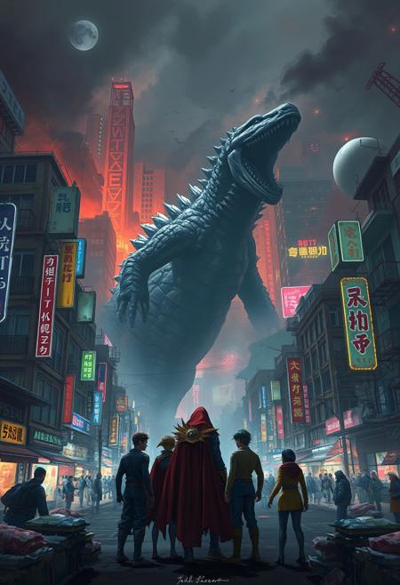 A bustling cityscape of hellish proportions, where towering kaiju stalk through the streets amidst the chaos. Despite the chaos, there is a strange stillness and serenity to the scene, as if time itself has frozen in awe of the colossal beasts. Nostalgic landscapes of crumbling buildings and neon lights add to the eerie atmosphere of this apocalyptic city. In the forefront, a group of morally ambiguous heroes stand, their vibrant colors standing out against the desolate backdrop. The melancholic tone of the image is palpable, drawing viewers in with its haunting beauty. This digitally rendered painting captures the essence of a world on the brink of collapse with stunning detail and depth.
