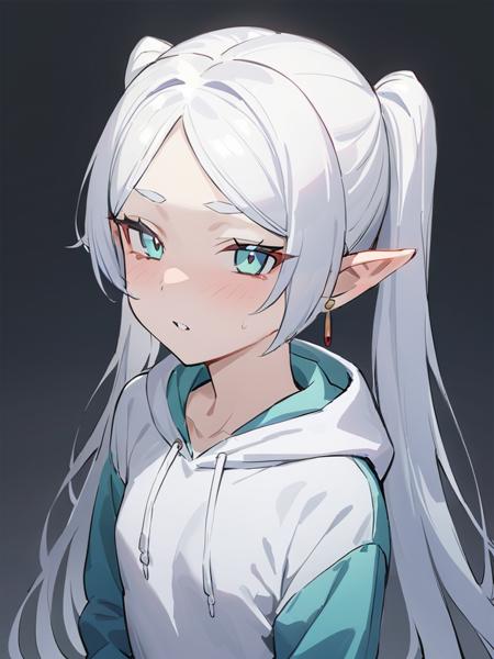 <lora:xl_Frieden:1>,Frieden is a girl with white ponytails long hair green eyes and sharp ears,hoodie,small  chest,, masterpiece, best quality,