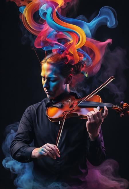 A person with a violin for a head, playing music that creates swirling colors in the air, each note forming a different shape and fading away like smoke