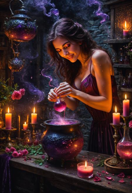 In the dim, candle-lit chamber of an ancient stone cottage, a seductive witch leans over a bubbling cauldron, her movements slow and enchanting. Her dark, flowing hair spills over one shoulder as she stirs the simmering potion, its fumes rising in tendrils of rosy-pink mist that fill the air with a sweet, intoxicating scent. Her crimson lips curve into a mischievous smile as she carefully adds drops of rare, shimmering elixirsârose essence, a dash of moonlight, and a single tear from a night-blooming flower.  Delicate glass vials, sprigs of dried herbs, and enchanted powders lie scattered across the workbench, each ingredient imbued with mystery and allure. With a slow, graceful gesture, she sprinkles in a pinch of stardust, watching as the potion glows a rich, mesmerizing purple. The room itself seems to pulse with an enchanting energy, as though responding to her craft.  Finally, she whispers an incantation under her breath, sealing the magic within. Holding a crystal vial beneath the cauldronâs spout, she fills it with the glistening liquid, swirling with hints of pink and violet, a potion designed to capture hearts and enchant minds. As she corks the vial, her eyes gleam with satisfactionâher love potion is ready.  (1girl, 27 years old:1.3)   realistic, photograph, (masterpiece), 8k quality, (detailed eyes:1.2), (highest quality:1.1), highly detailed, top quality, best quality, (intricate details:1.1), extremely beautiful, elegant, majestic, nsfw, uncensored, <lora:SDXLFaeTastic2400.safetensors:0.7000000000000001:0.7000000000000001>