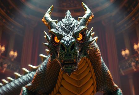 Supreme King Dragon Odd-Eyes, skull head,metal textured body, green and yellow, Despia Theater backdrop, cinematic lighting, Artstation trending, octane render, Unreal Engine 6, detailed eyes, splash ink illustration, dynamic pose, Raphael style, golden ratio, 4k, high-res, exceptional quality, handcrafted, harmonious colors, matte painting, impeccable composition.