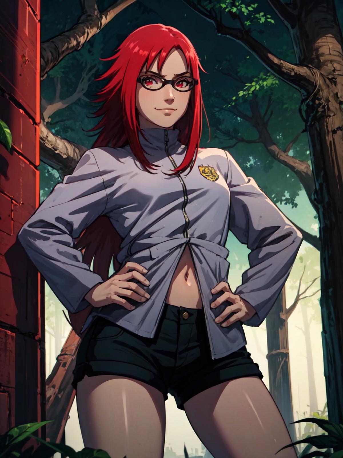 A cartoon girl with red hair and glasses posing confidently in a white jacket and black shorts.