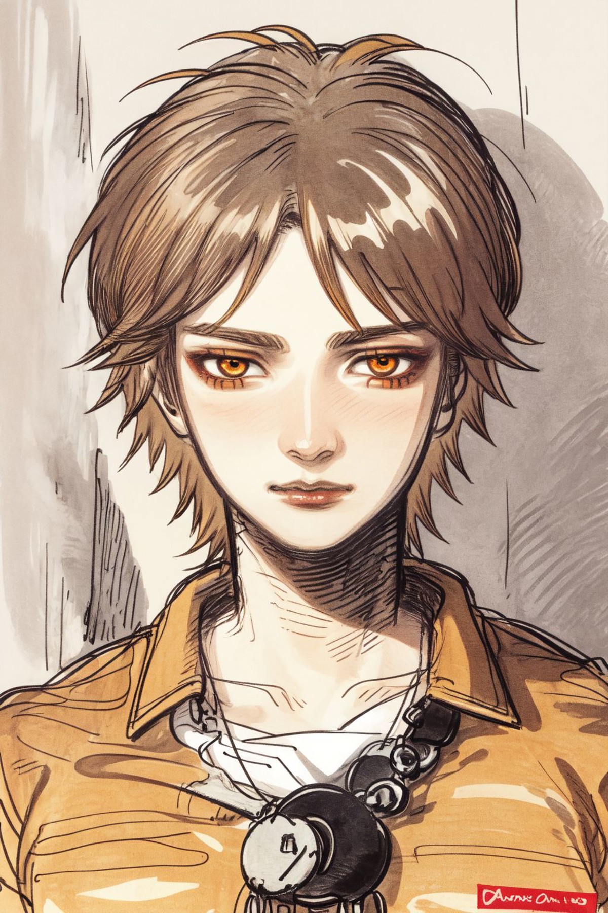 portrait, solo, 1boy, male, looking up, bronze hair, orange eyes, denim shirt <lora:amano_yoshitaka_style_v01:1>