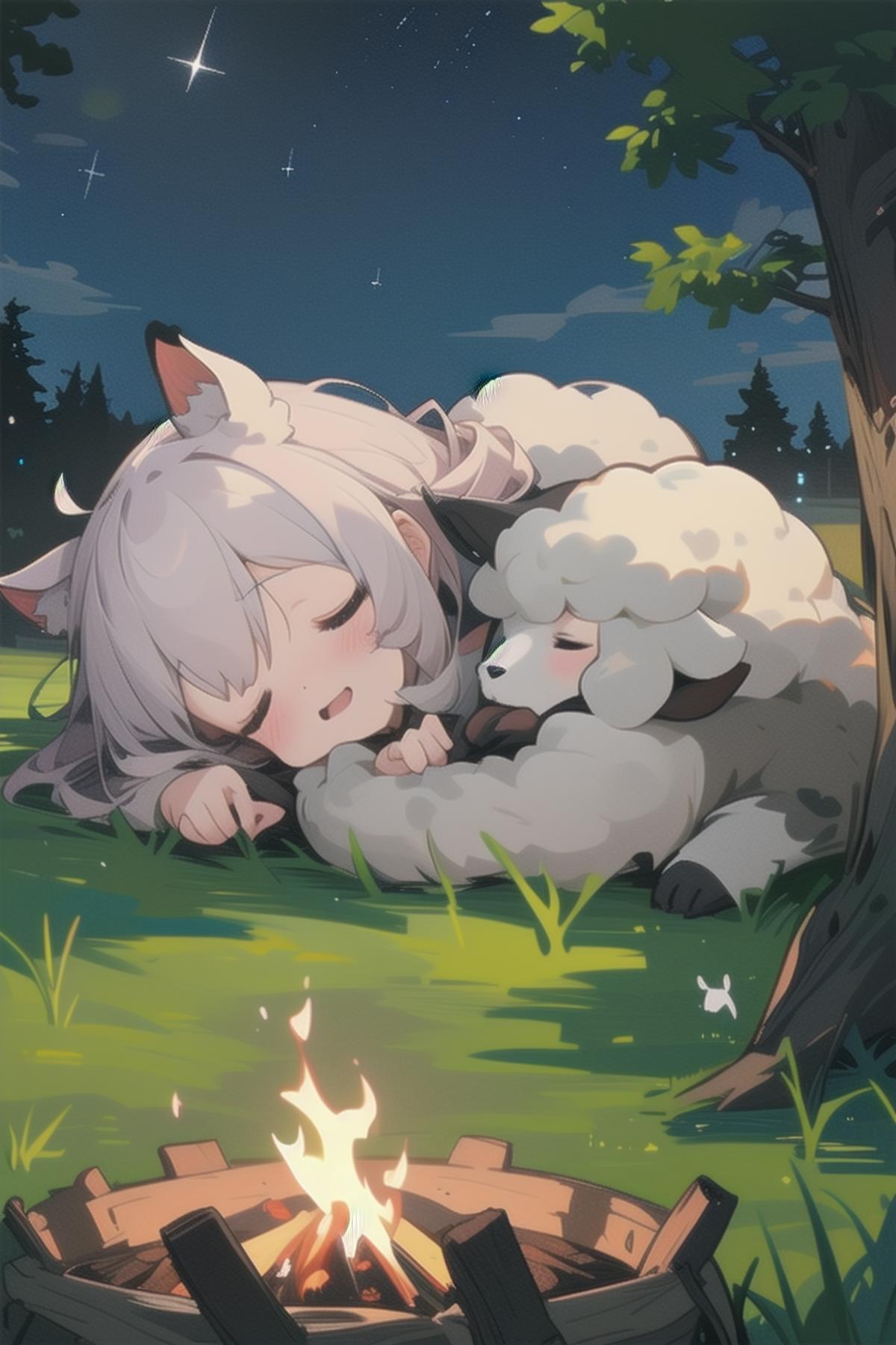 Anime-style cartoon of a wolf sleeping in the grass with a lamb.