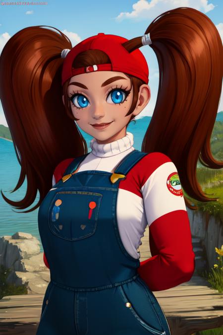 shorty, blue eyes, low twin tails, 
denim overalls, red striped sweater, sleeves past wrists , red backwards hat, 
standing, upper body, smile, 
giant lake, fantasy, wooden platform, 
 (insanely detailed, beautiful detailed face, masterpiece, beautiful detailed eyes, best quality) 
 <lora:shorty-10:0.8>