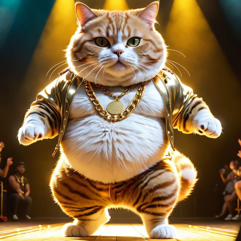A large cat dressed as a rapper on stage in front of an audience.