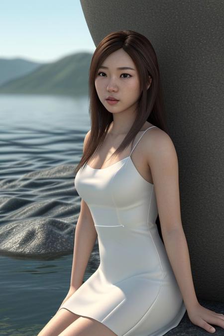 (((masterpiece))), ((photorealistic:1.4)), ((realistic:1.4)), ((best quality)), ((official art, extremely detailed CG unity 8k wallpaper)), ((highly detailed)), ((absurdres)), ((8k resolution)), 1girl, perfect asian girl, solo, long hair, brown hair, dress, sitting, look at viewer, water, white see through dress,