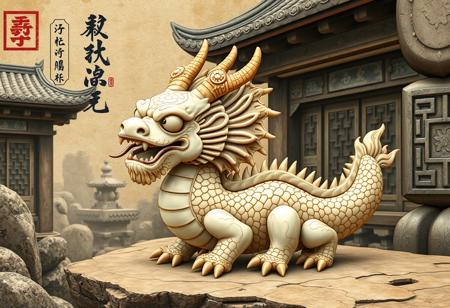 3DMM, in the style of studio Ghibli, chibi, archaeological illustration, vintage style, faded parchment, ancient Chinese  [ cloud | cuttlefish | dragon ] made out of soapstone, detailed linework, intricate Chinese characters , detailed Asian background, hidden temple ruins, weathered abalone shell, detailed ceramic textures, muted color palette,