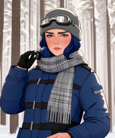 (adult woman), (1girl, solo), (looking at viewer), (ski goggles, goggles on head), (ski cap, ski coat, scarf), (blue hair, braid), (grey eyes), ((trees, slope)), (night, stars), (best quality, high detail), ((masterpiece)),  <lora:1_whatif_15e:1>