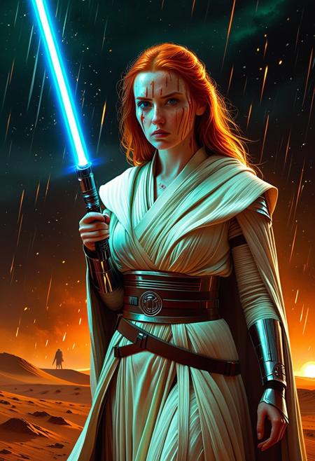 A beautiful Jedi Knight with wavy red hair Standing on the a bloody battlefield on Tatooine. Her white Jedi robe are intricately detailed and reflecting flickering light, Star Wars style, The light of battle illuminates her determined expression as she prepares to face the dark enemy, (holding the blue Lightsaber in his hand: 1.5), Close up. Star Wars art style, They stand on the battlefield against an army of Dark Sith where a bloody slaughter is taking place, (standing in a vigorous pose: 1.3), (direct eye contact: 1.3), whole athletic body, cinematic lightning, intricately detailed white and green Jedi robe, The scene is reminiscent of a Greg Rutkowski concept art piece, realstic blue eyes, realistic freckled pale face covered in blood, with dramatic lighting and a dark, curvy, looking at viewer, gritty atmosphere, Ultra-detailed, Raytracing reflections, High contrast, beautiful Jedi Knight, beautiful firm body, girl athletic figure, (very pale face: 1.3), oranges, and greens, attractive 21 years old woman, cinematic lightning, Cinematic film still, Medium shot. Best quality, Masterpiece, The scene is reminiscent of a Greg Rutkowski concept art piece, realistic pale face covered in blood, with dramatic lighting and a dark, gritty atmosphere, asymmetrical balance, adding to the intense and dynamic atmosphere of the scene