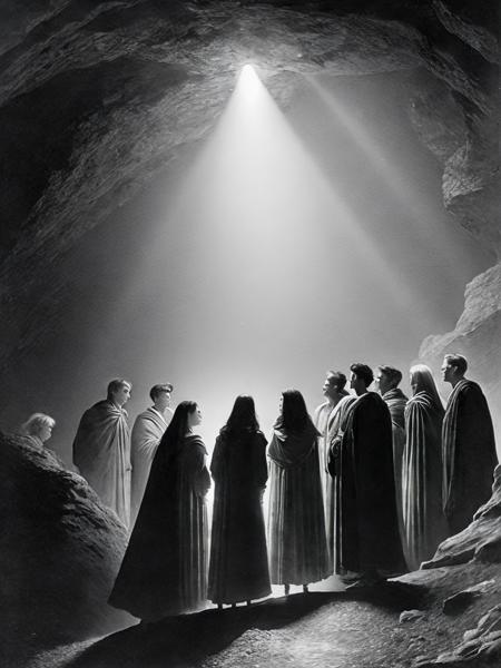 <lora:GustaveDor:1>a black and white drawing of a group of people in a cave with a light above them by Gustave Dor