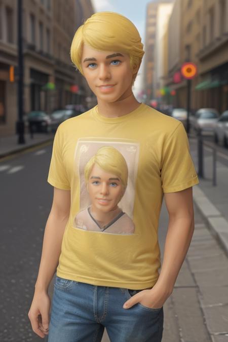 <lora:Ken_Doll:1> a toy man with blonde hair, tshirt, jeans, sneakers, city sidewalk, sunny day, <lora:pytorch_lora_weights:1>