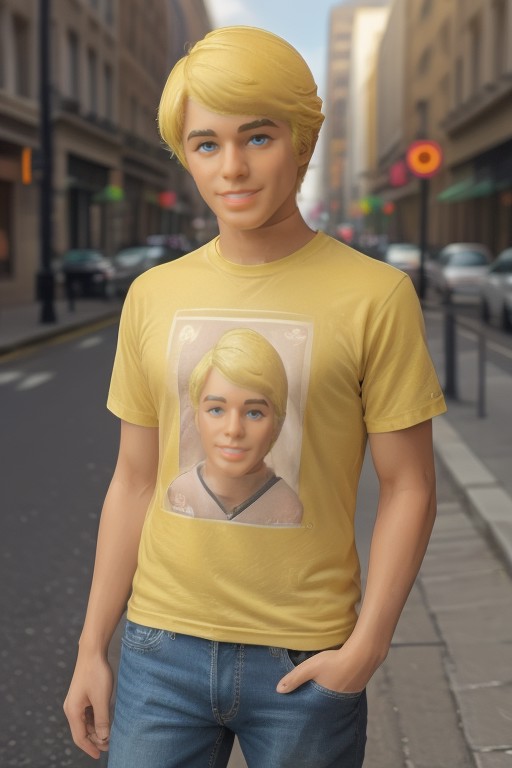 <lora:Ken_Doll:1> a toy man with blonde hair, tshirt, jeans, sneakers, city sidewalk, sunny day, <lora:pytorch_lora_weight...