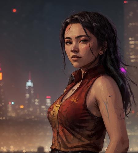 close up Portrait of jeshen in cyberpunk, red skirt, city and buildings in the background, in the artstyle of "Carne Griffiths"
 <lora:Jessica_Henwick:0.9>