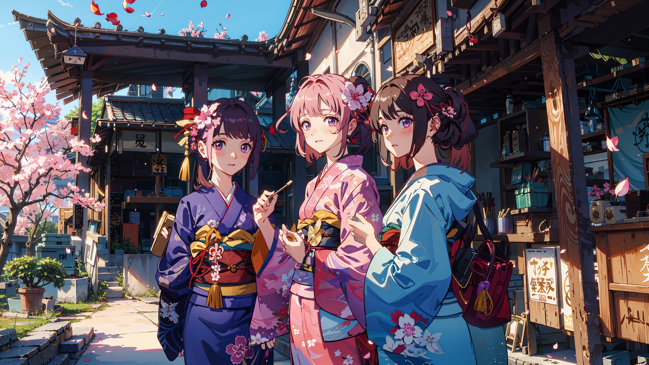 masterpiece, best quality,
3girls, architecture, bag, bangs, blue kimono, blush, brown hair, building, candy apple, cherry...