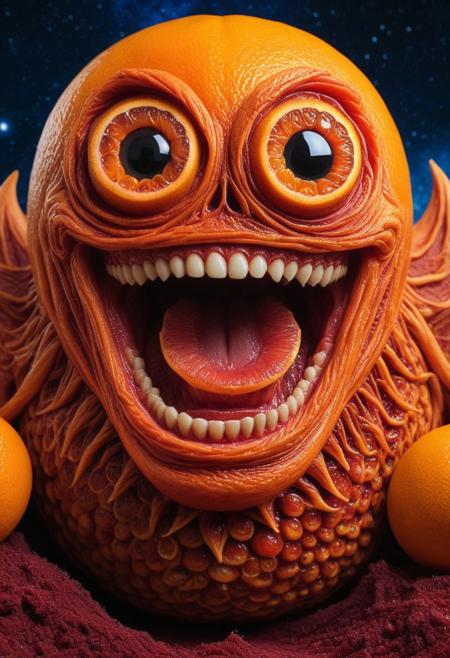 masterpiece,ultra-high resolution,incredible composition,extremely detailed, Orange
monster  with googly eyes, sharp teeth, rage extraterrestrial inside it, in space. made of enchanted  Macabre made of blood orange style
Political rally background