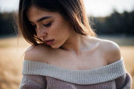 score_9, score_8_up, score_7_up, realistic lighting, photo, photorealistic, 1girl, mysterious girl with freckles, an exotic girl in off-shoulder sweater, fading backlit background, pastel colors, alluring goddess, amazing depth, double exposure, surreal, geometric patterns, intricately detailed, bokeh, perfect balanced, deep fine borders, artistic photorealism, smooth
