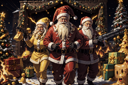 YellowSnow, yellow flames, magic, Santa on fire, slimy yellow santa, solo, gloves, 1boy, hat, standing, white hair, male focus, black gloves, belt, pants, blurry, fur trim, facial hair, santa hat, santa costume, black belt, mustache, weapon, rifle, assault rifle, holding a weapon, machine gun, fire, explosion, box, christmas, beard, gift, gift box, old, christmas tree, old man, mistletoe, holly, cheese, liquid, gooey, cheese slime, christmas theme, yellow theme, movie poster, meme, parody, horror movie poster, art by Larry Elmore and Greg Rutowski, blink and you can miss it detail, depth of field, masterpiece, <lora:YellowSnow:0.8>