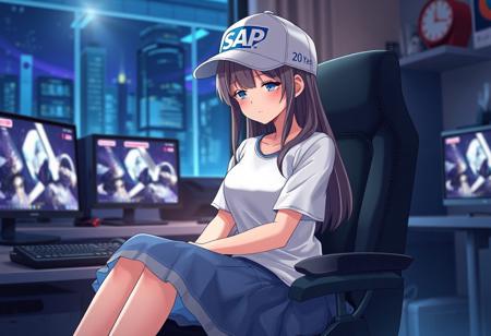 Beautifull yang 20 years old anime girl in her gaming room. The girl sitting on the chair in skirt and cap on her head with logo SAP text. Smiling peacefully. High detail and an overall serene, masterpiece quality.
