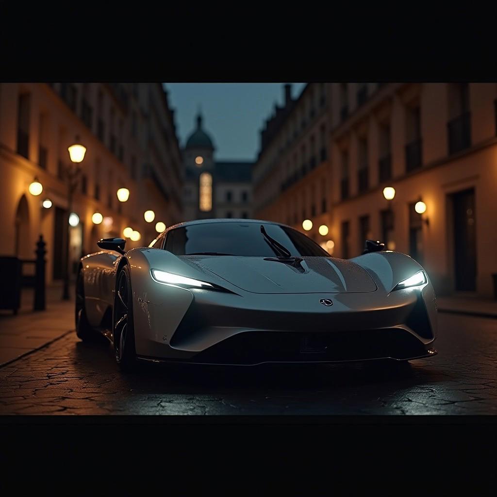 British modern sports car, concept car, in the medieval streets of London at night. King's Row. Cinematic lighting